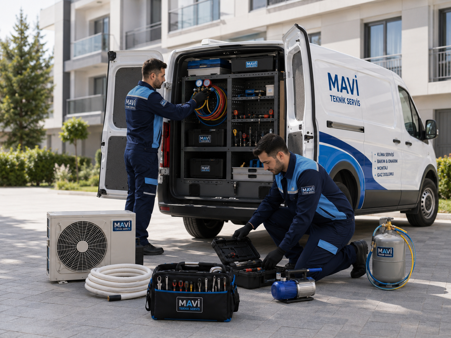 Mavi Teknik Servis servis aracı yanında düzenli şekilde hazırlanan teknik ekipmanlar.
