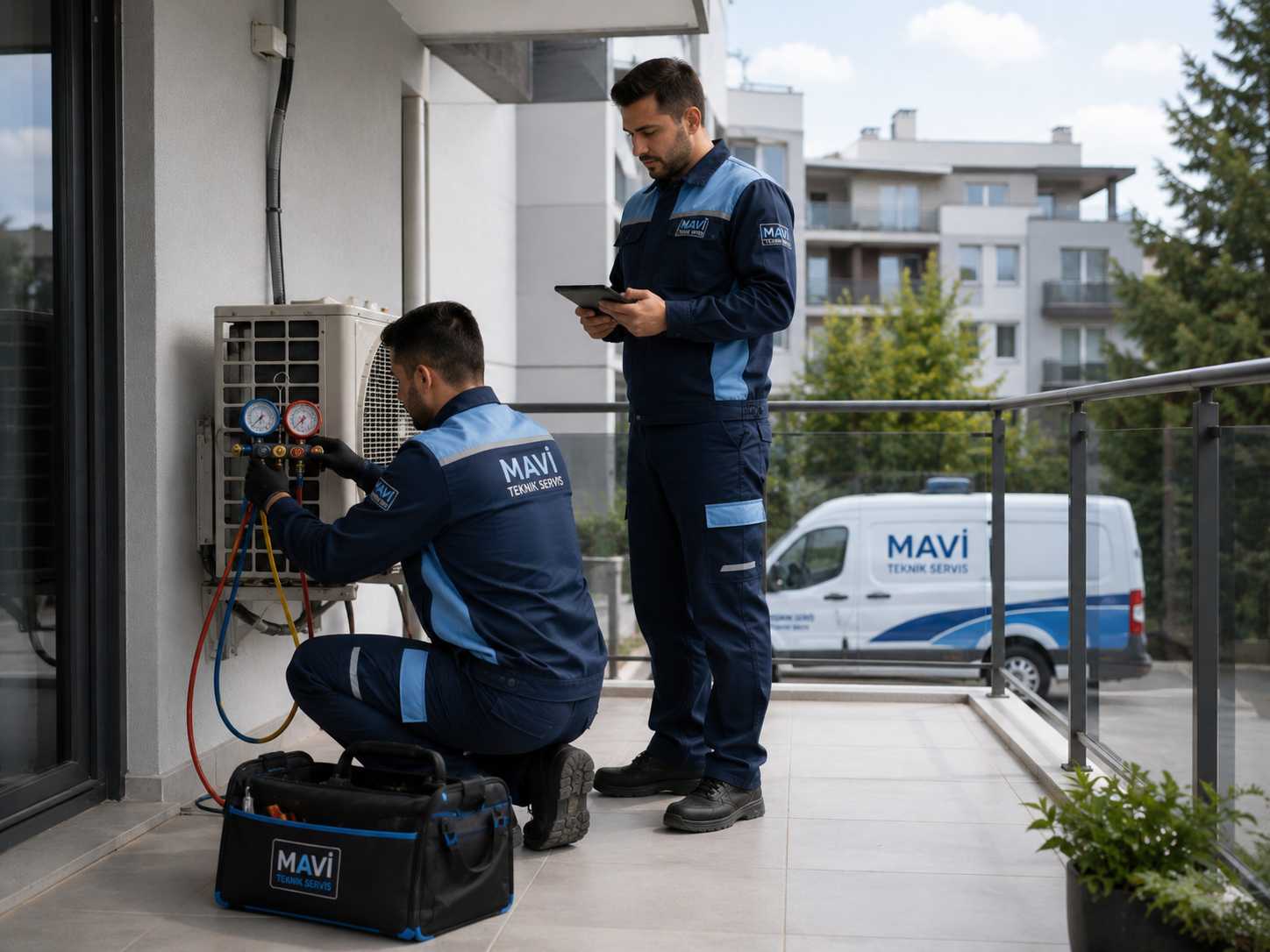 Mavi Teknik Servis ekibi klima dış ünitesinde teknik kontrol ve ölçüm gerçekleştiriyor.