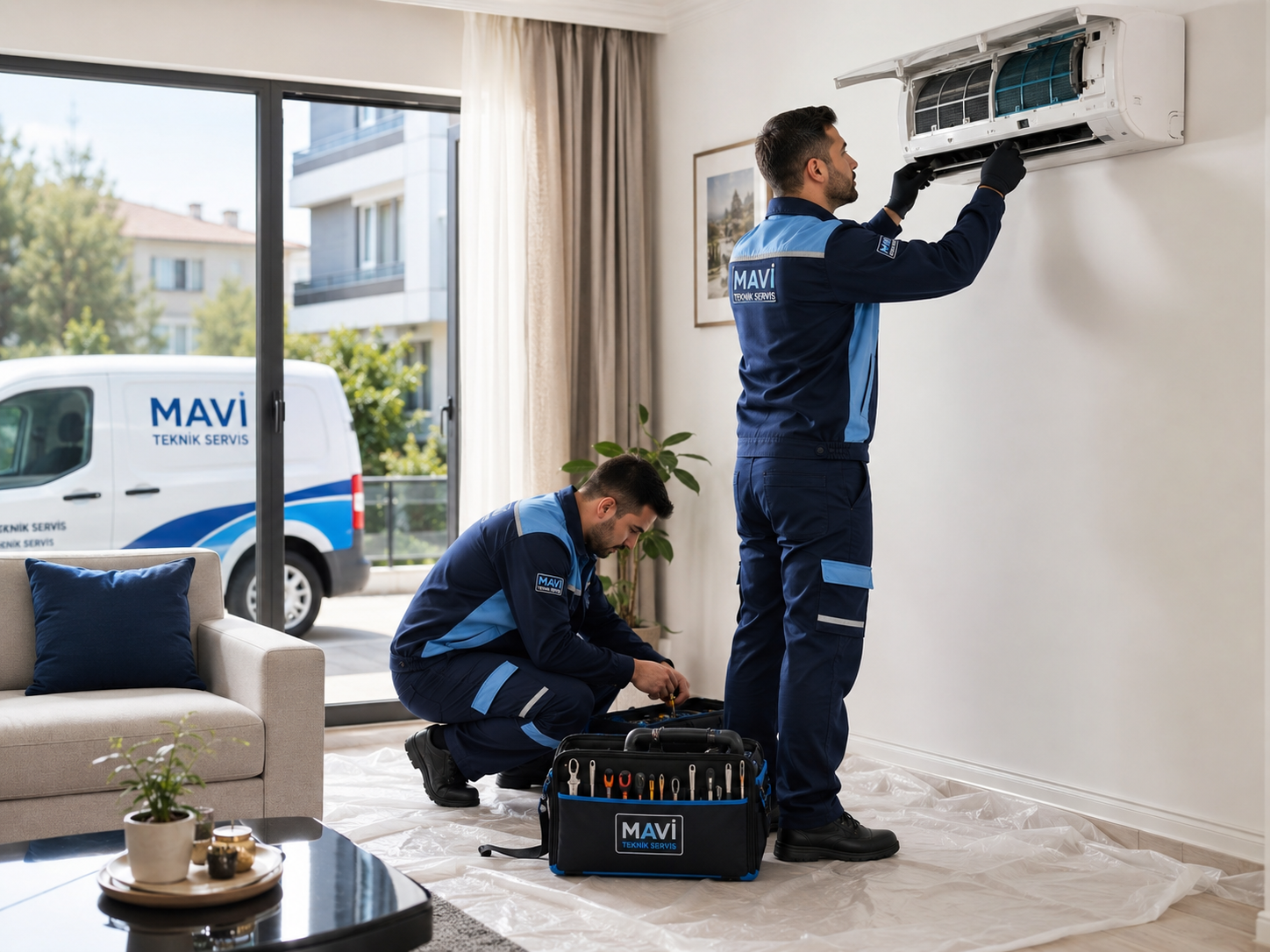 Mavi Teknik Servis teknisyenleri split klima iç ünitesinde bakım çalışması yapıyor.